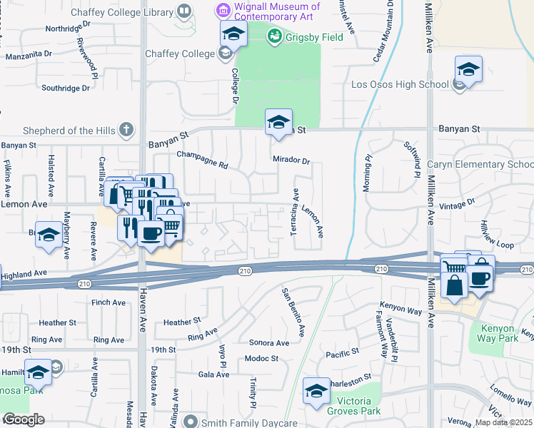 map of restaurants, bars, coffee shops, grocery stores, and more near 10801 Lemon Avenue in Rancho Cucamonga