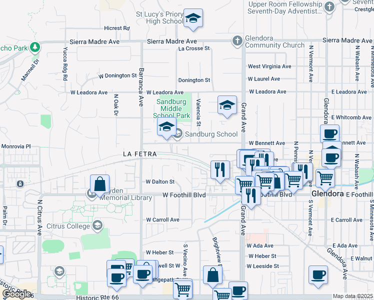 map of restaurants, bars, coffee shops, grocery stores, and more near 701 Park View Terrace in Glendora