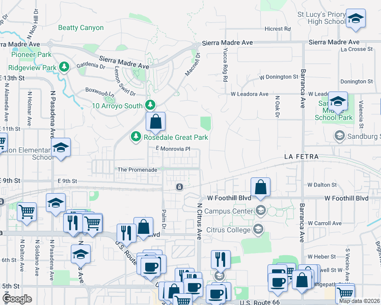 map of restaurants, bars, coffee shops, grocery stores, and more near 870c North Chaparral Lane in Azusa