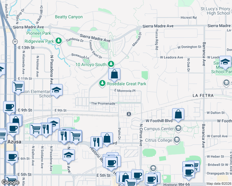 map of restaurants, bars, coffee shops, grocery stores, and more near 955 North Sweetbriar Lane in Azusa