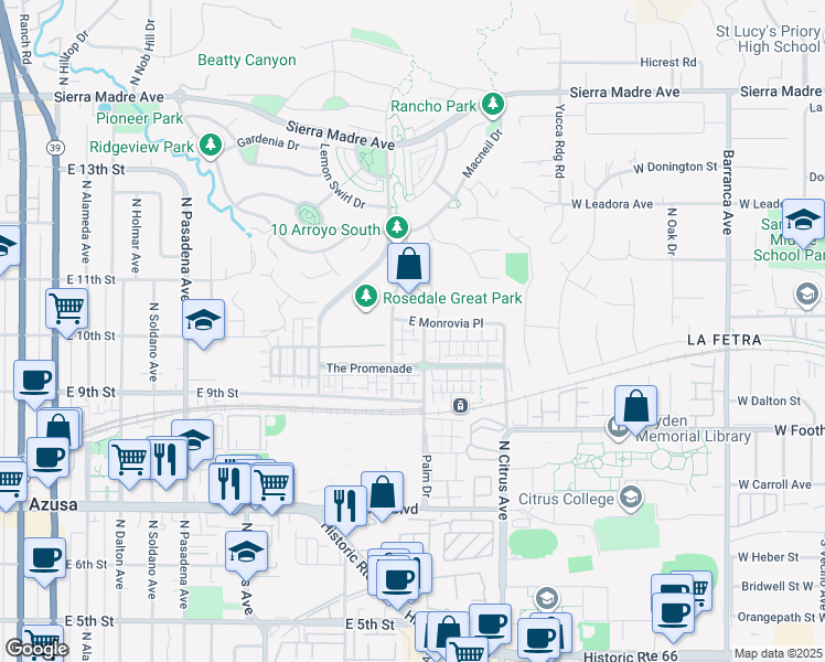 map of restaurants, bars, coffee shops, grocery stores, and more near 955 North Sweetbriar Lane in Azusa