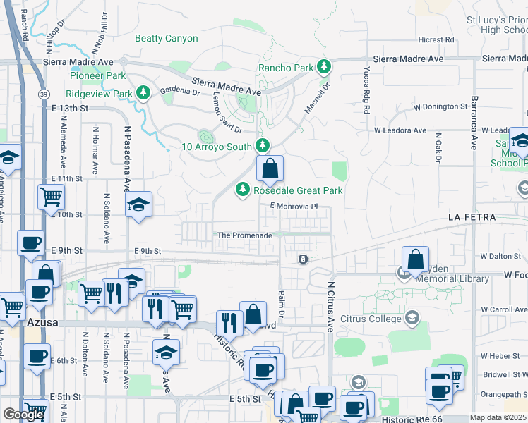 map of restaurants, bars, coffee shops, grocery stores, and more near 955 North Sweetbriar Lane in Azusa