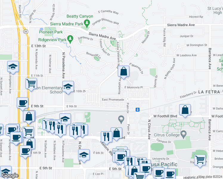 map of restaurants, bars, coffee shops, grocery stores, and more near 810A East Promenade in Azusa