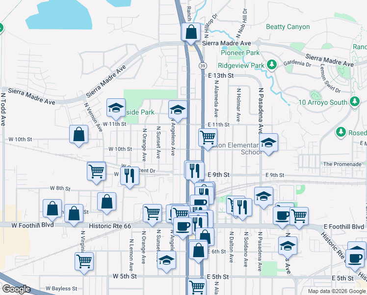 map of restaurants, bars, coffee shops, grocery stores, and more near 933 North San Gabriel Avenue in Azusa