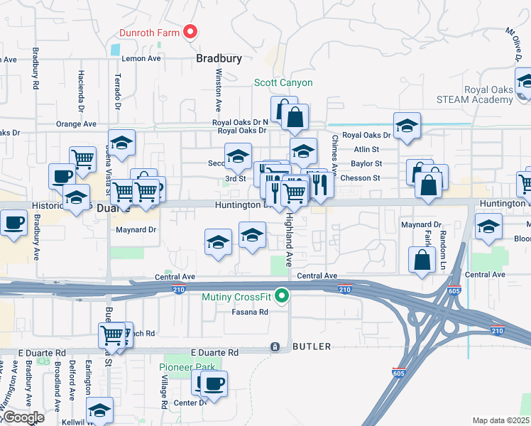 map of restaurants, bars, coffee shops, grocery stores, and more near 1235 Highland Avenue in Duarte