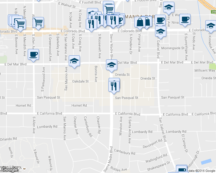 map of restaurants, bars, coffee shops, grocery stores, and more near 442 South Roosevelt Avenue in Pasadena