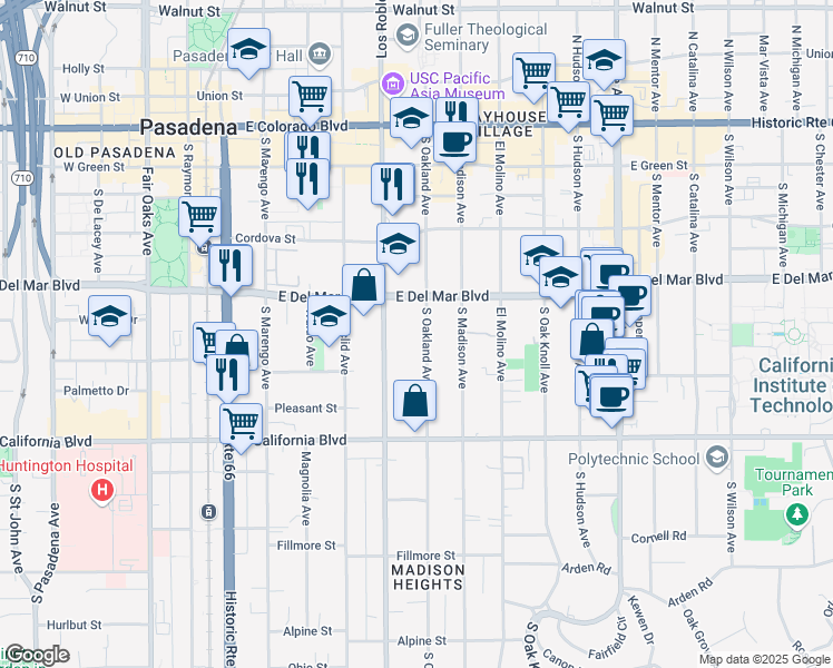map of restaurants, bars, coffee shops, grocery stores, and more near 425 South Oakland Avenue in Pasadena