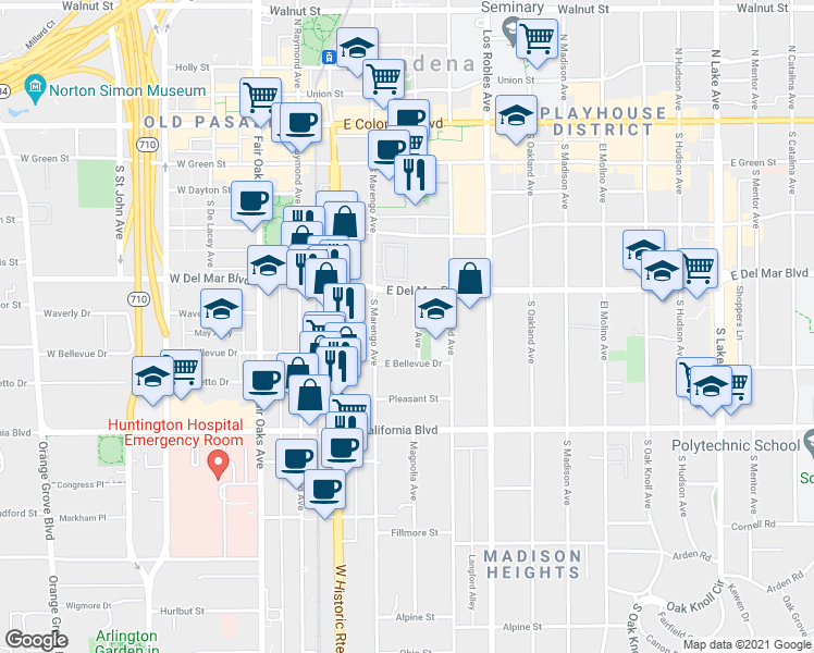 map of restaurants, bars, coffee shops, grocery stores, and more near 427 Waldo Avenue in Pasadena