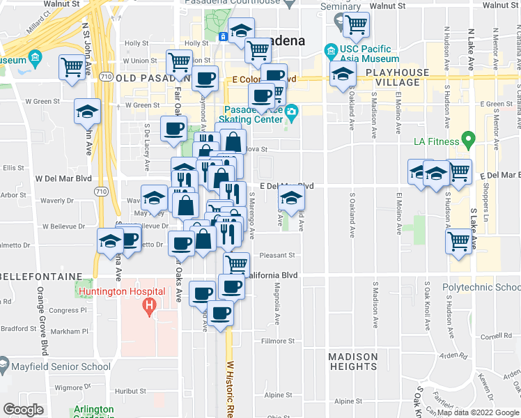 map of restaurants, bars, coffee shops, grocery stores, and more near 427 South Marengo Avenue in Pasadena