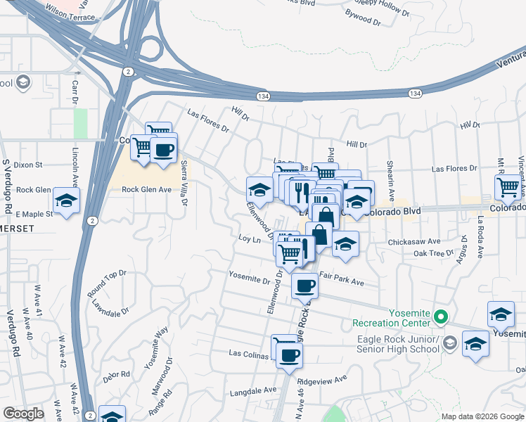 map of restaurants, bars, coffee shops, grocery stores, and more near 5030 Ellenwood Drive in Los Angeles