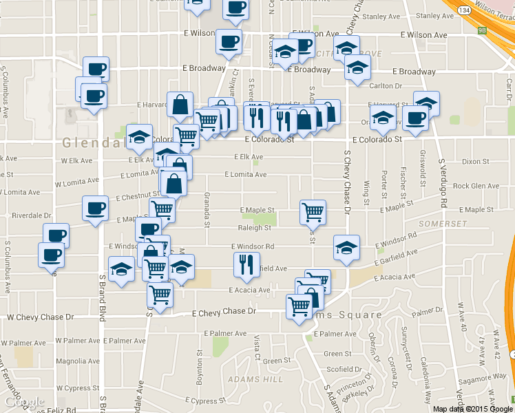 map of restaurants, bars, coffee shops, grocery stores, and more near 820 East Maple Street in Glendale