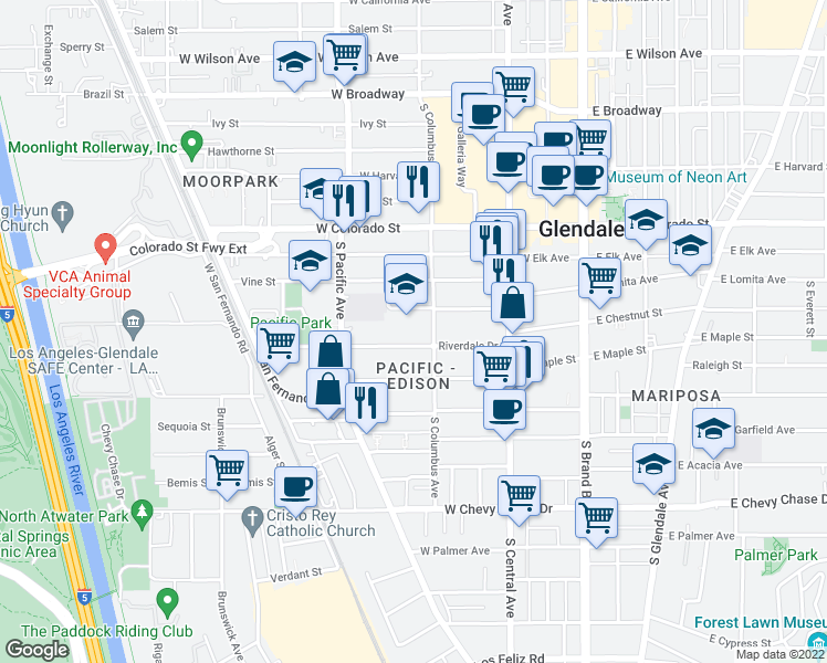 map of restaurants, bars, coffee shops, grocery stores, and more near in Glendale