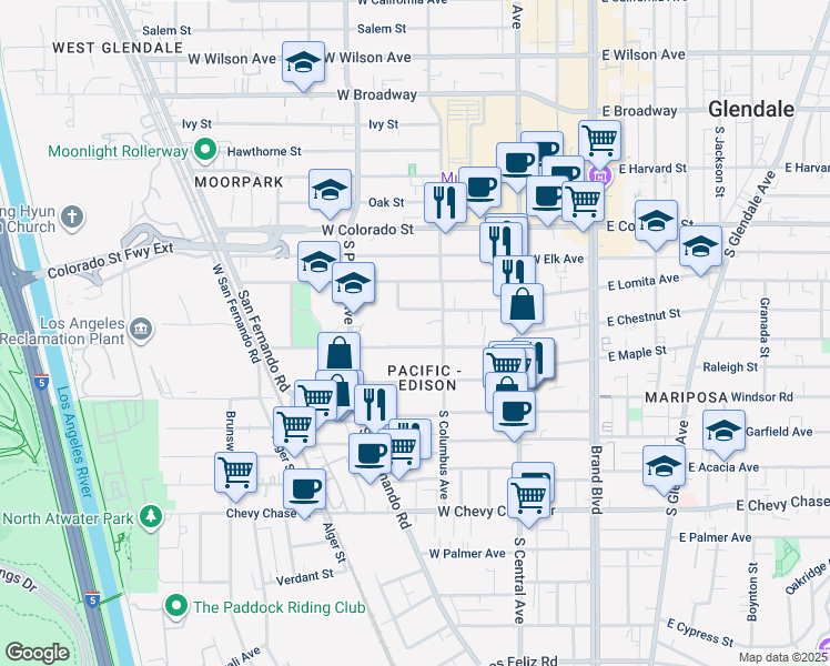 map of restaurants, bars, coffee shops, grocery stores, and more near in Glendale