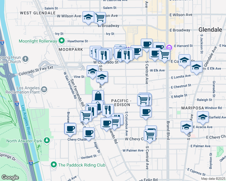 map of restaurants, bars, coffee shops, grocery stores, and more near 450 Riverdale Drive in Glendale