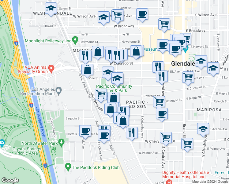 map of restaurants, bars, coffee shops, grocery stores, and more near 500 Riverdale Drive in Glendale