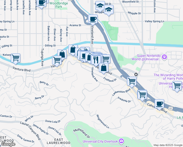 map of restaurants, bars, coffee shops, grocery stores, and more near 11111 Ventura Boulevard in Los Angeles