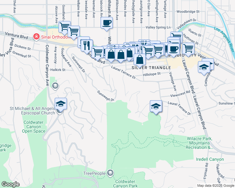 map of restaurants, bars, coffee shops, grocery stores, and more near 3661 Sunswept Drive in Los Angeles