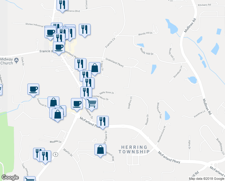 map of restaurants, bars, coffee shops, grocery stores, and more near 6145 Crested Moss Drive in Alpharetta
