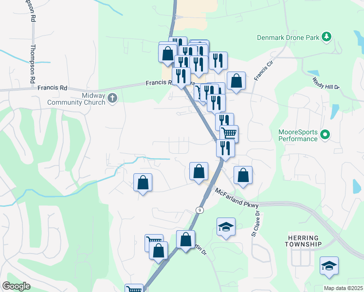 map of restaurants, bars, coffee shops, grocery stores, and more near 6185 Sweetbay Lane in Alpharetta