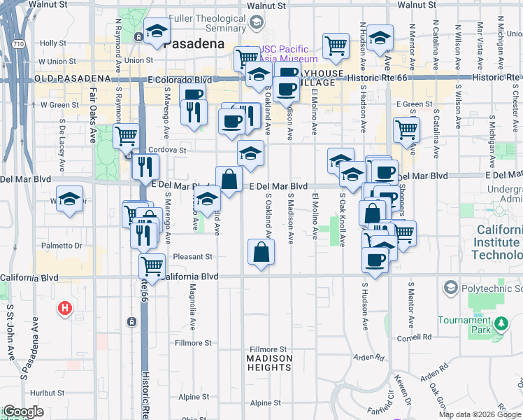 map of restaurants, bars, coffee shops, grocery stores, and more near 385 South Oakland Avenue in Pasadena