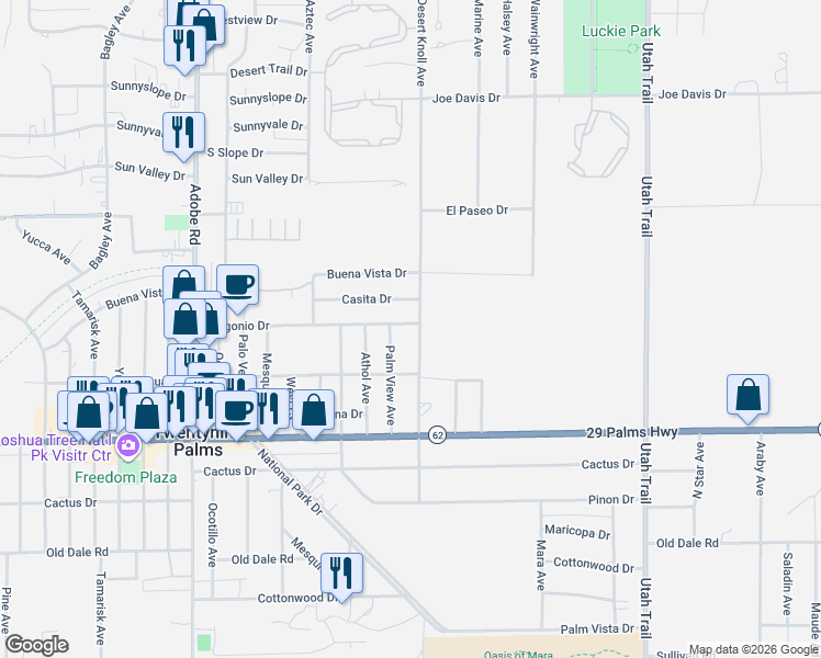 map of restaurants, bars, coffee shops, grocery stores, and more near 6358 Desert Knoll Avenue in Twentynine Palms