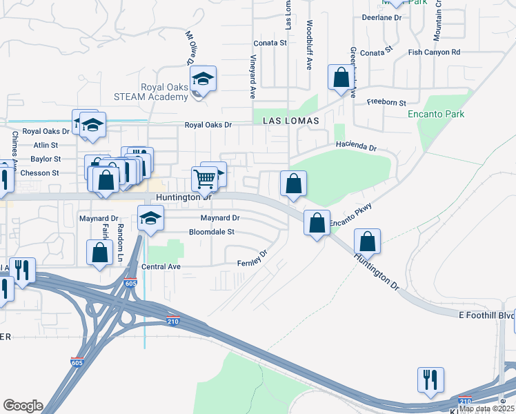 map of restaurants, bars, coffee shops, grocery stores, and more near 2564 Maynard Drive in Duarte