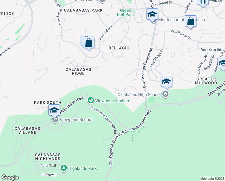 map of restaurants, bars, coffee shops, grocery stores, and more near 23442 Palm Drive in Calabasas