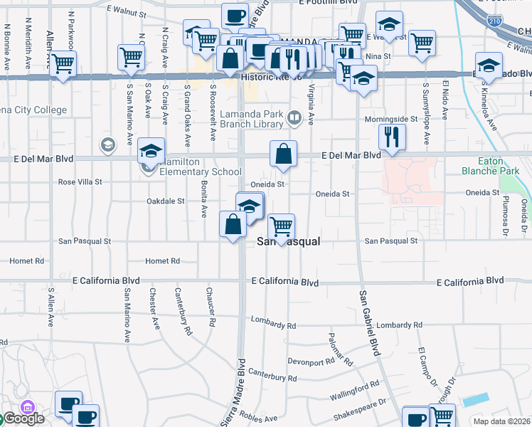 map of restaurants, bars, coffee shops, grocery stores, and more near 2428 Seneca Street in Pasadena