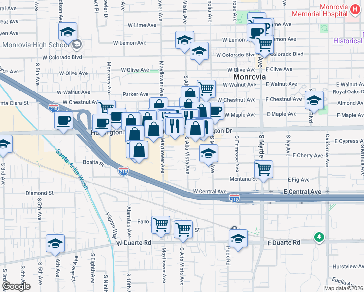 map of restaurants, bars, coffee shops, grocery stores, and more near 1131 South Alta Vista Avenue in Monrovia