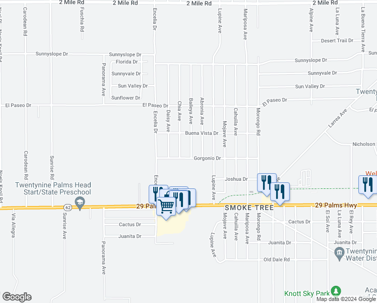map of restaurants, bars, coffee shops, grocery stores, and more near 6274 Baileya Avenue in Twentynine Palms