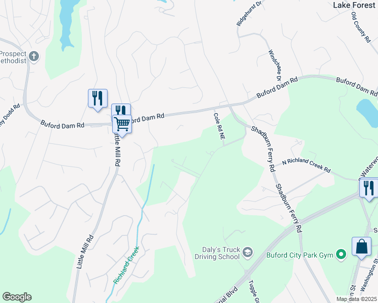 map of restaurants, bars, coffee shops, grocery stores, and more near 2242 Shoal Creek Road in Buford