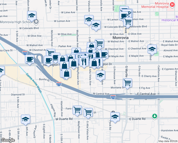 map of restaurants, bars, coffee shops, grocery stores, and more near 1131 South Alta Vista Avenue in Monrovia