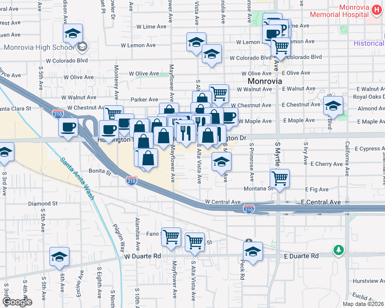 map of restaurants, bars, coffee shops, grocery stores, and more near 1219 South Alta Vista Avenue in Monrovia