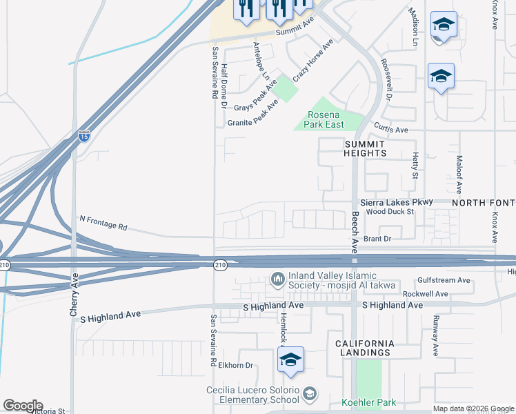 map of restaurants, bars, coffee shops, grocery stores, and more near 15040 Capstone Street in Fontana