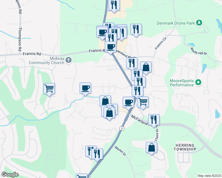 map of restaurants, bars, coffee shops, grocery stores, and more near 6185 Sweetbay Lane in Alpharetta