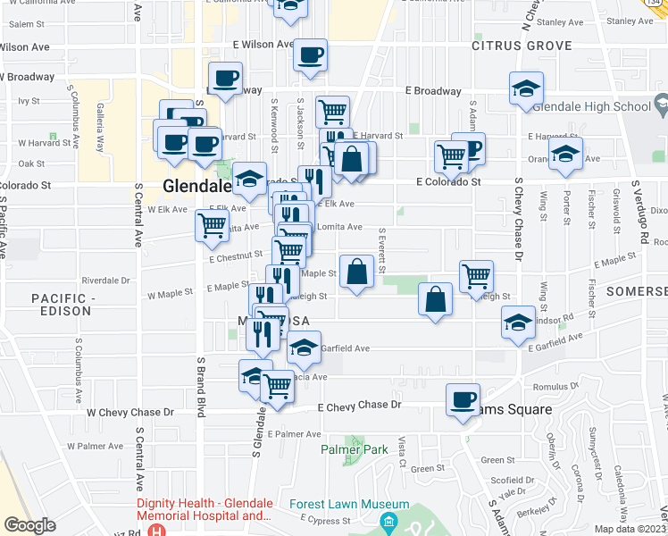 map of restaurants, bars, coffee shops, grocery stores, and more near 619 Granada Street in Glendale