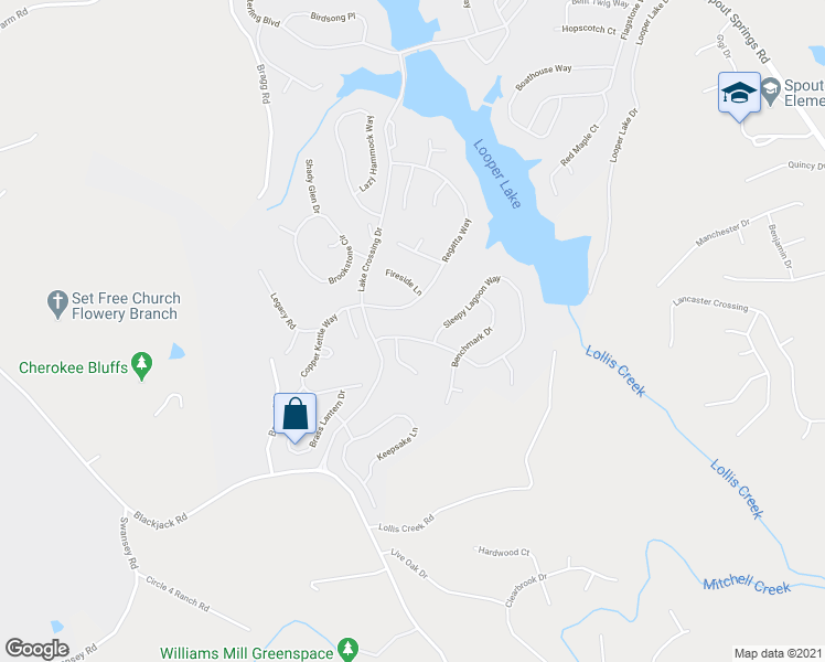 map of restaurants, bars, coffee shops, grocery stores, and more near 7709 Sleepy Lagoon Way in Flowery Branch