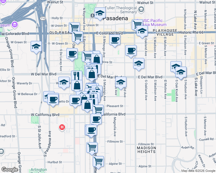 map of restaurants, bars, coffee shops, grocery stores, and more near 427 South Marengo Avenue in Pasadena