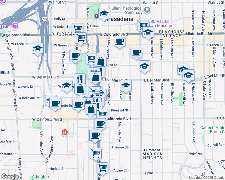 map of restaurants, bars, coffee shops, grocery stores, and more near 372 South Marengo Avenue in Pasadena
