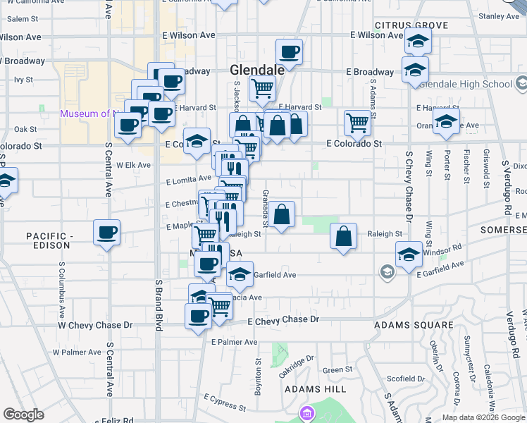 map of restaurants, bars, coffee shops, grocery stores, and more near 619 Granada Street in Glendale