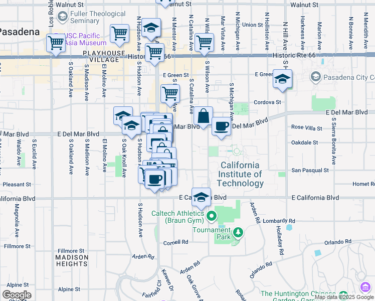 map of restaurants, bars, coffee shops, grocery stores, and more near 385 South Catalina Avenue in Pasadena