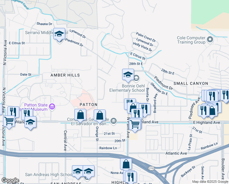 map of restaurants, bars, coffee shops, grocery stores, and more near Baldridge Canyon Court in San Bernardino