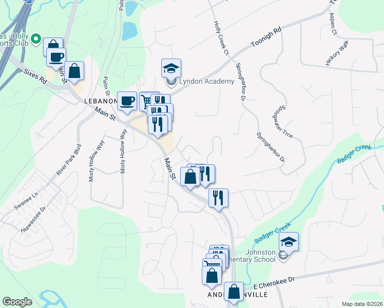 map of restaurants, bars, coffee shops, grocery stores, and more near 310 Fox Overlook in Woodstock