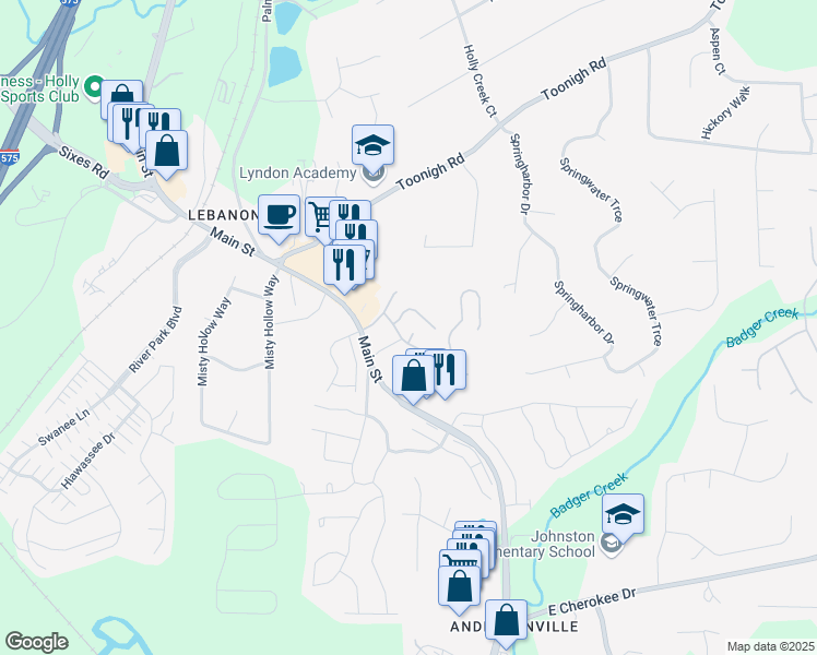 map of restaurants, bars, coffee shops, grocery stores, and more near 227 Fox Creek Boulevard in Woodstock