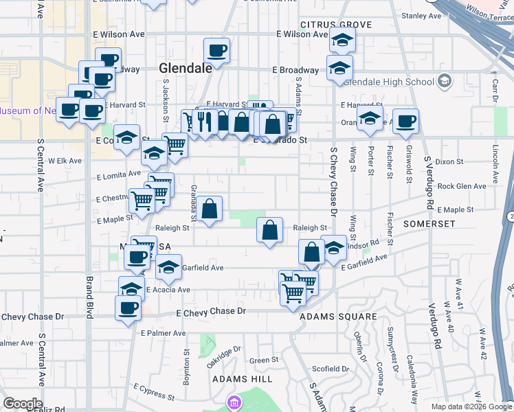 map of restaurants, bars, coffee shops, grocery stores, and more near 825 East Maple Street in Glendale