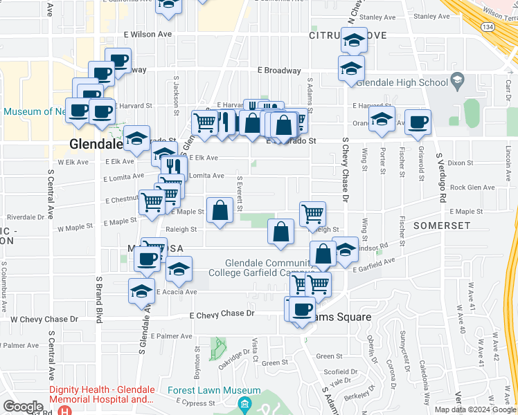 map of restaurants, bars, coffee shops, grocery stores, and more near East Maple Street in Glendale