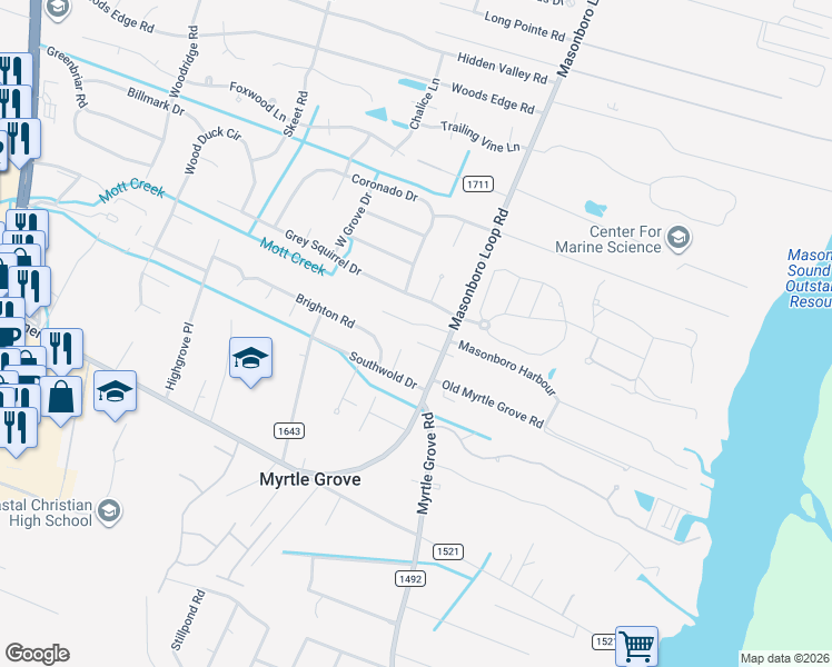 map of restaurants, bars, coffee shops, grocery stores, and more near 109 Barton Oaks Drive in Wilmington