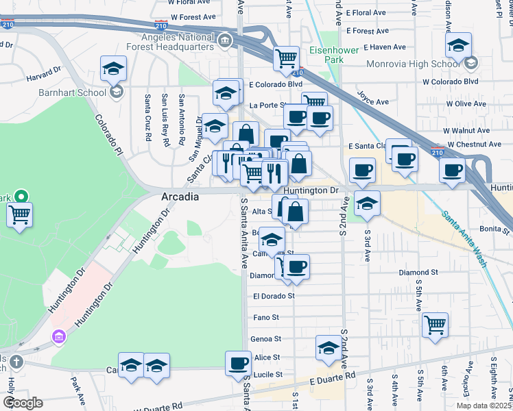 map of restaurants, bars, coffee shops, grocery stores, and more near 15 Alta Street in Arcadia