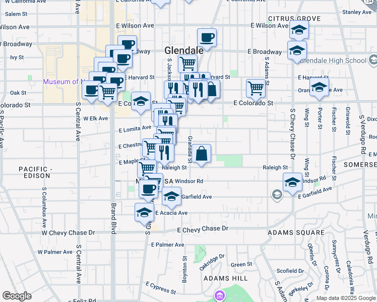 map of restaurants, bars, coffee shops, grocery stores, and more near 619 Granada Street in Glendale