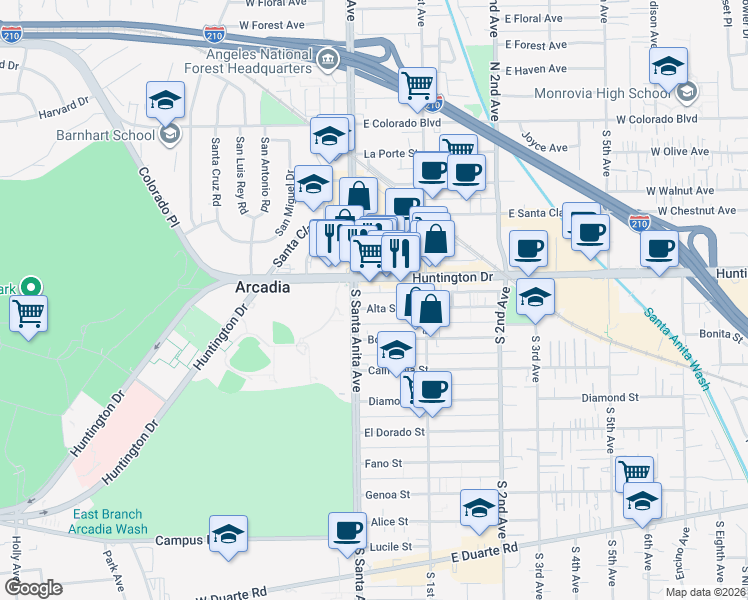 map of restaurants, bars, coffee shops, grocery stores, and more near 15 Alta Street in Arcadia